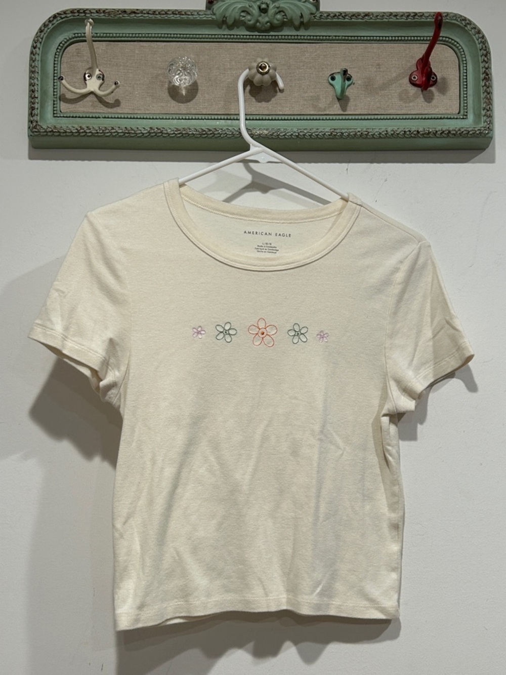 American Eagle Outfitters Cream crop baby Tee Pastel Floral Embroidery large